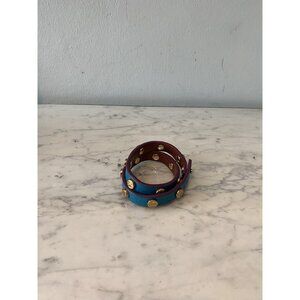 Tory Burch Double Wrap Leather Bracelet Teal Gold Logo Studs Womens Made In USA